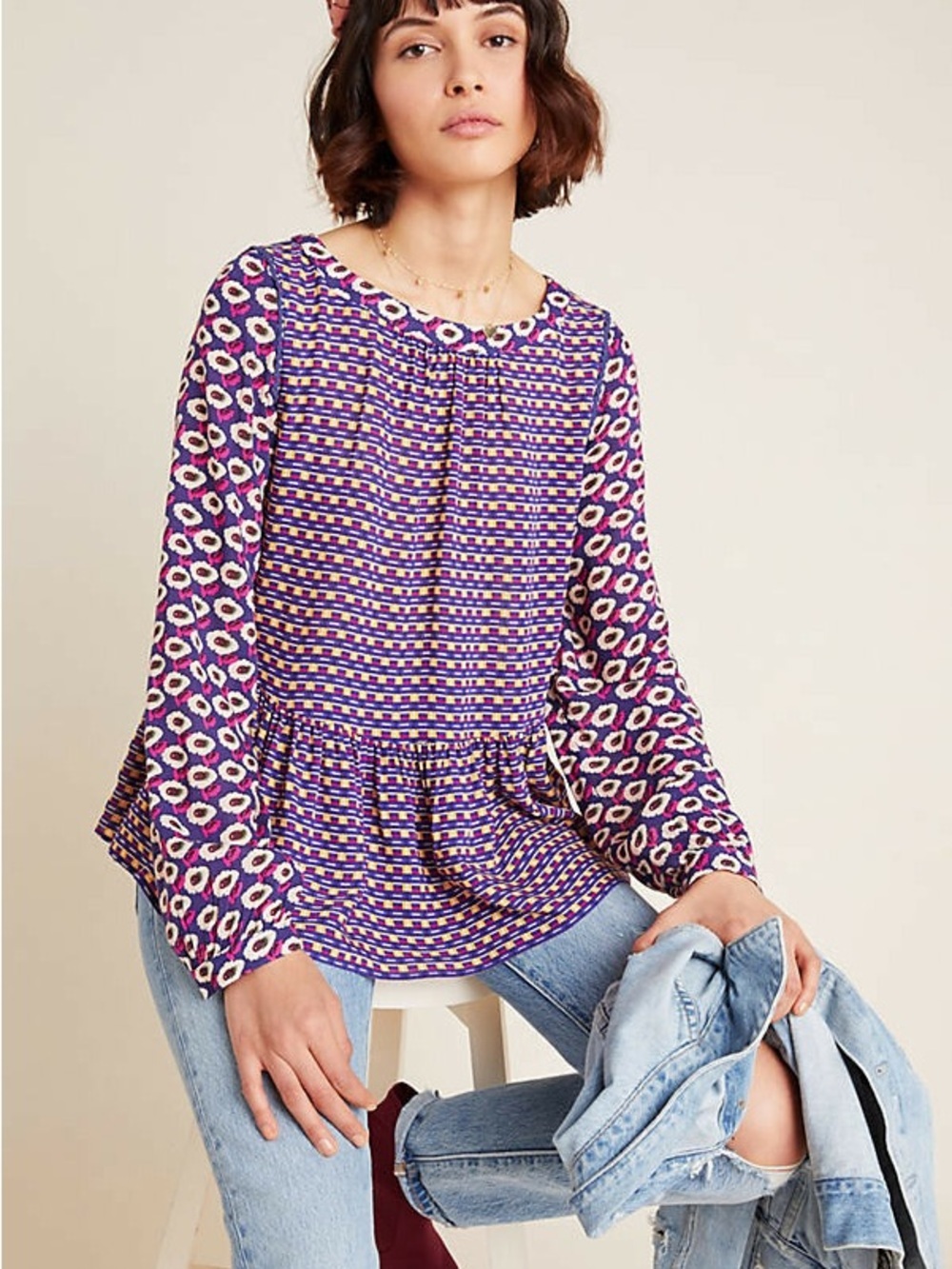Maeve Purple Printed Peplum Tunic Top
